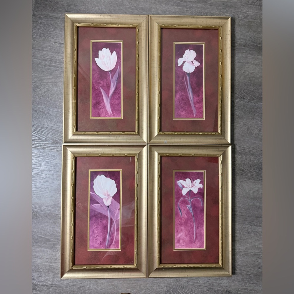 🤩set of 4 Vintage framed flower prints 17”x 11”